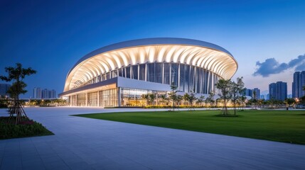 Wall Mural - Modern Architectural Marvel at Dusk with Illuminated Exterior and Surrounding Green Landscape