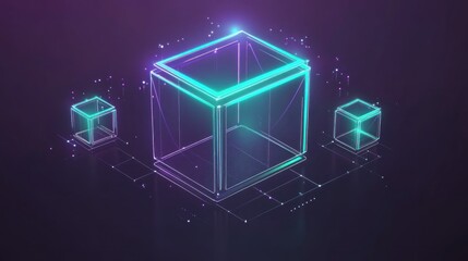 Poster - Glowing wireframe cubes, digital technology concept.