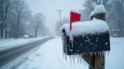 snowy mailbox with red flag on a winter morning
