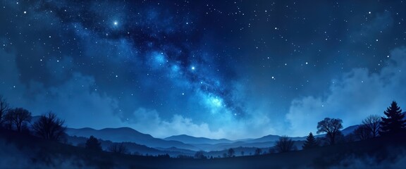 Poster - Silhouette of trees, mountains under vibrant night sky full of stars, nebulae. Starry night sky beautiful backdrop for tranquil scene. Abstract watercolor design suitable for wallpaper digital print.