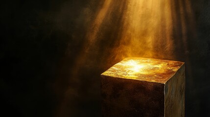 Poster - Illuminated gold cube, dark background, smoky light.