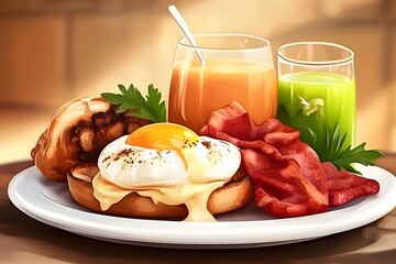 Poster - Delicious breakfast of poached egg, bacon, bun, orange juice and green juice.