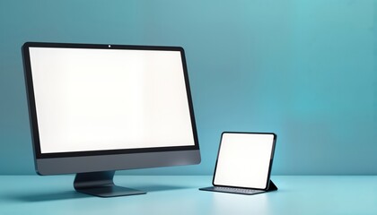 Poster - Modern tech mockup shows tablet, computer on desk. Blank screens offer space for design text. Digital devices displayed against bright backdrop. Template ideal for tech products app design. 3d
