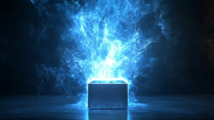 Poster - Glowing blue energy surrounds a dark cube.