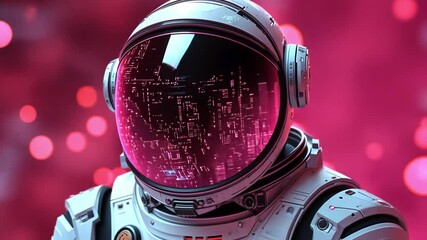 Poster - Vibrant astronaut helmet reflecting digital data in a futuristic environment