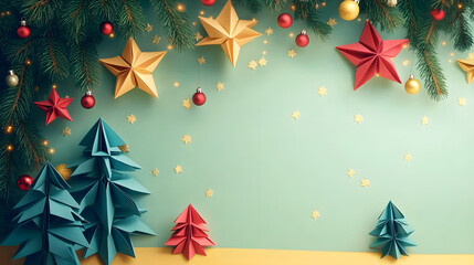 Wall Mural - simple cute bright christmas wallpaper backround made of origami paper ai generated christmas backdr