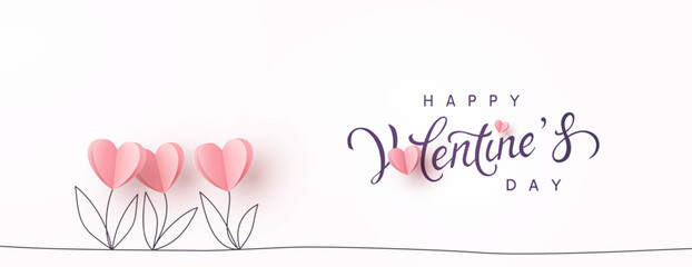 Valentine's Day postcard with paper tulips flowers and calligraphy text on white background. Vector pink symbols of love in shape of heart for greeting card, cover, label design