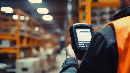 Poster - worker scans barcodes in a busy warehouse, managing inventory efficiently with modern technology