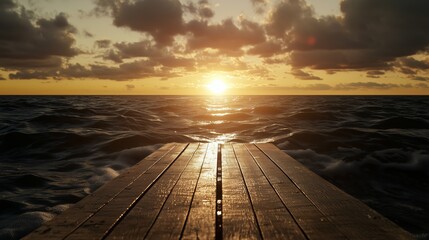 Poster - sunset view from a wooden pier over the ocean with waves beneath a colorful sky