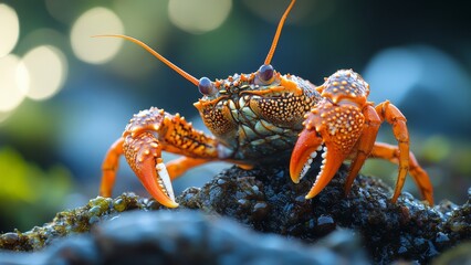 Colorful crab on rocky shore in natural habitat at sunset