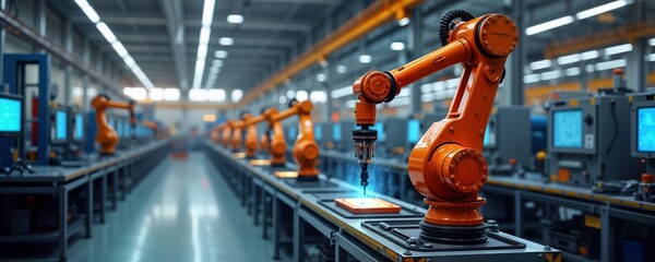 Poster - smart industry robot arm operates in digital factory. iot software manages automation manufacturing 