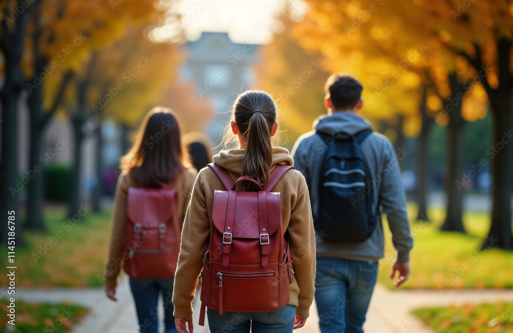 Fall Students Group of students walk on campus pathway. Autumn day. Students carry ...