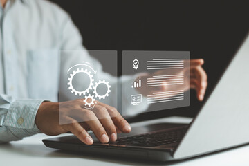 Leinwandbilder - Automation Software Technology Process System Business Concept. Businessman working on computer laptop. automation, industrial business process workflow optimisation concept on virtual digital screen.