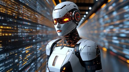 Poster - Futuristic robot with glowing features in a tech-inspired environment