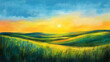 © Antonia - A vibrant landscape drawn with oil pastels featuring a golden sunset over rolling green hills and a clear blue sky.