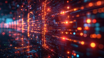 Poster - Abstract digital landscape with glowing circuits and lights, representing technology and data flow.