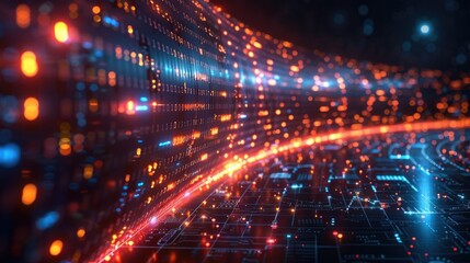 Poster - Abstract digital landscape with glowing data streams and circuit patterns.