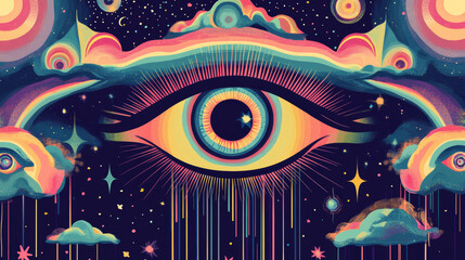Poster - surreal celestial artwork featuring a large eye surrounded by cosmic elements and vibrant colors