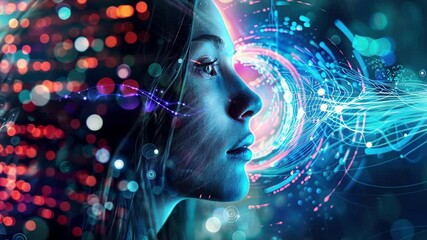 Poster - woman experiencing the immersive world of big data, surrounded by glowing lights and complex data st