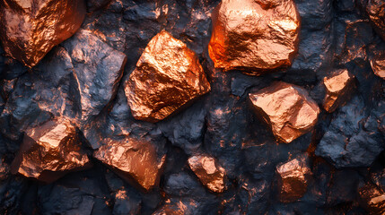 Wall Mural - Close-up of raw copper ore nuggets shimmering in natural light, showcasing metallic luster and rough texture, against a dark, contrasting stone background. Luster. Illustration