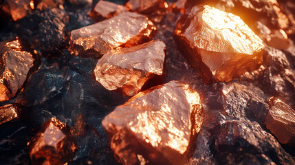 Wall Mural - Close-up of raw copper ore nuggets shimmering in natural light, showcasing metallic luster and rough texture, against a dark, contrasting stone background. Luster. Illustration