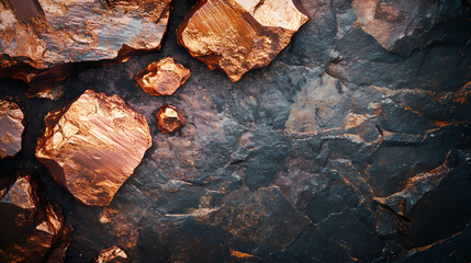 Wall Mural - Close-up of raw copper ore nuggets shimmering in natural light, showcasing metallic luster and rough texture, against a dark, contrasting stone background. Luster. Illustration