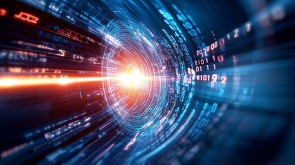 Poster - Dynamic visualization of data transfer through a vibrant tunnel of light and information in a digital landscape