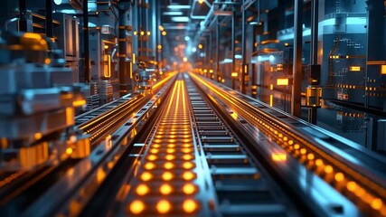 Poster - illuminated industrial conveyor system in a high-tech facility displaying vibrant colors