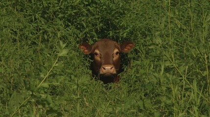 Wall Mural - Reddish-brown calf peeking from lush green vegetation.