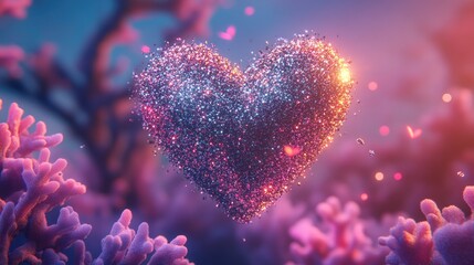 Poster - Glittering Heart Shape Over Colorful Coral Reef Background