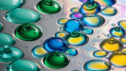 Vibrant Droplets of Water Glisten on a Kaleidoscopic Surface, Reflecting a Spectrum of Colors and Creating a Beautiful, Sparkling Display of Natural Elegance and Intricate Detail