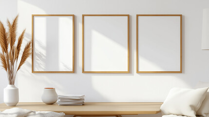 Poster - minimalist interior decor featuring empty frames and natural elements creates a serene atmosphere in