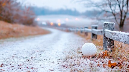 Sticker - Frosty winter scene Snow-covered path, wooden fence, and a snow globe.