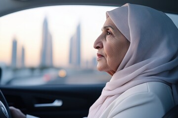 Elderly woman driving in the city at sunset with skyscraper backdrop