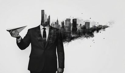 The work of a businessman working on a digital tablet is shown in a double exposure with modern buildings around him. Investment and growth are seen.