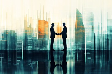 Poster - The businessman is shaking hands with a symbol representing a stock market investment chart for a Forex trading graphic diagram on a cityscape background. The concept is digital technology, internet