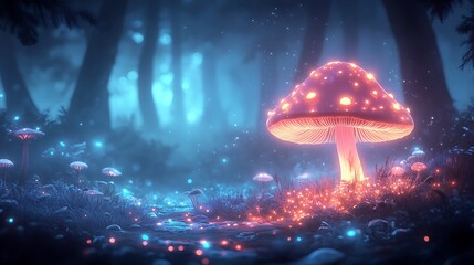 Canvas Print - Glowing glitch photo effect on a glowing mushroom in the forest with neon light streaks surrounding it