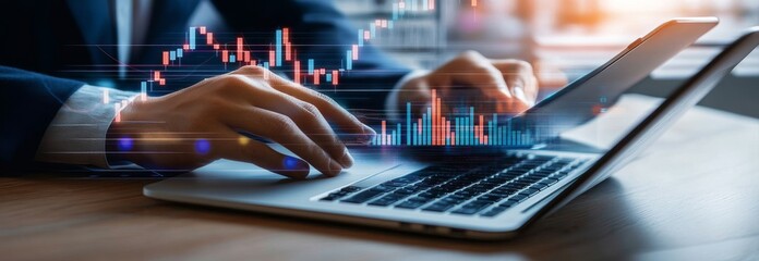 Poster - Finance and investment concept featuring a businessman using a laptop computer and the city with a financial graph, demonstrating the connection between business and technology