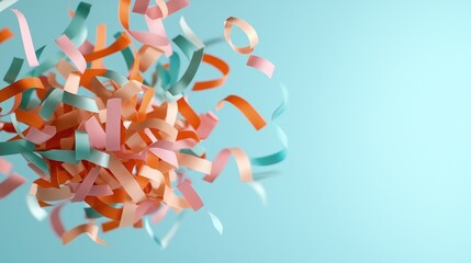 Wall Mural - Pastel paper ribbons falling on blue background.