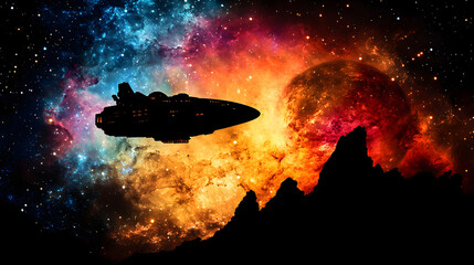 Wall Mural - Silhouette of a space exploration ship orbiting a distant planet amidst a vibrant galaxy cluster