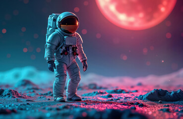 Poster - Astronaut in space suit walks on colorful moon surface under vibrant space background with large red moon. Future exploration concept. Possible mission to Mars. Stylish colorful sci-fi illustration.