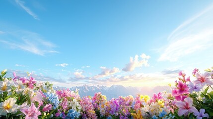 Wall Mural - Vibrant wildflowers bloom beneath a sunny sky and majestic mountains.