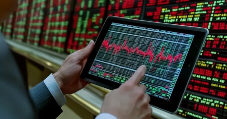 Poster - Investing concept with business team using tablet for analyzing data stock market in monitoring room. Financial investment concept with team pointing on numbers in the chart.