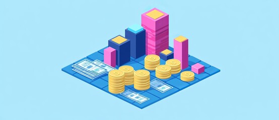 Poster - Graphs and rows of coins representing finance and business, stock market growth, abstract and symbol, and currency exchange.