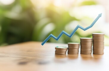 Poster - Stock market graph and rows of coins growth on blue background, abstract and symbol for finance concept, business investment, and currency exchange.