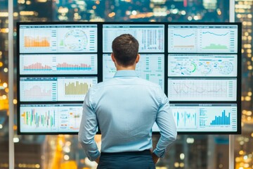 Poster - Analyzing stock market indicators for best investment strategy, financial data and charts with buildings in the background