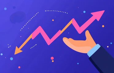 Poster - Business growth arrow symbol atop financial profit stock graph or growing economy investment income target and goal achievement on developing strategy chart.