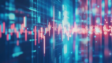 Poster - Graph of glowing big data forex candlesticks on a blurry city background. Trade, information technology, financial analysis and investment concept.