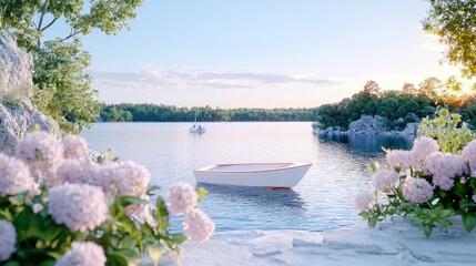 Canvas Print - Serene lakeside scene with rowboat and hydrangeas at sunset.