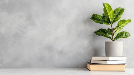 Wall Mural - Fiddle leaf fig plant in pot on books against grey wall.